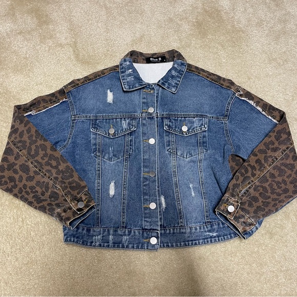 Womens Denim Jacket - Blue Jean / Leopard Print Size M - Picture 1 of 6